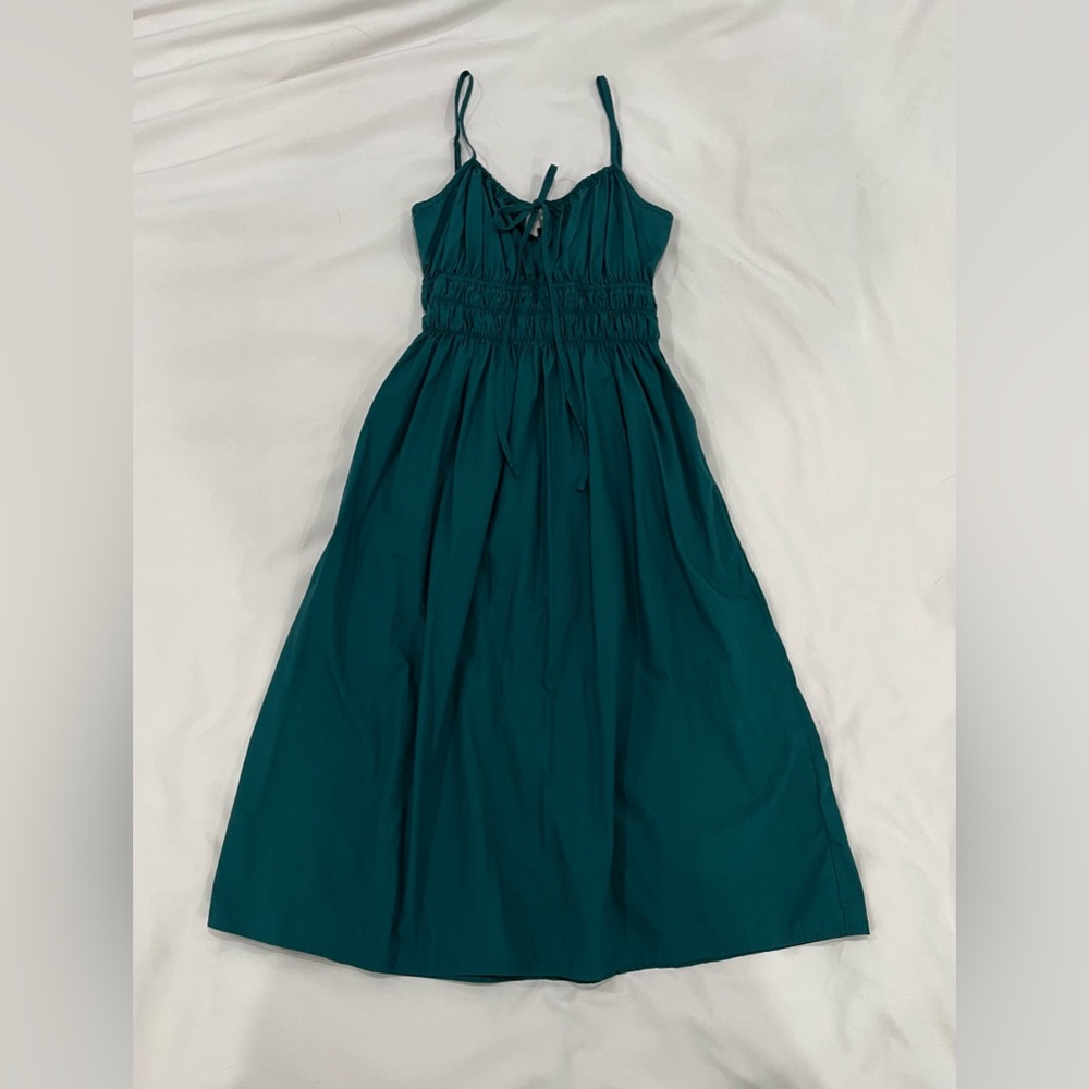 NWOT quince organic cotton keyhole midi dress color teal garden green sz XS